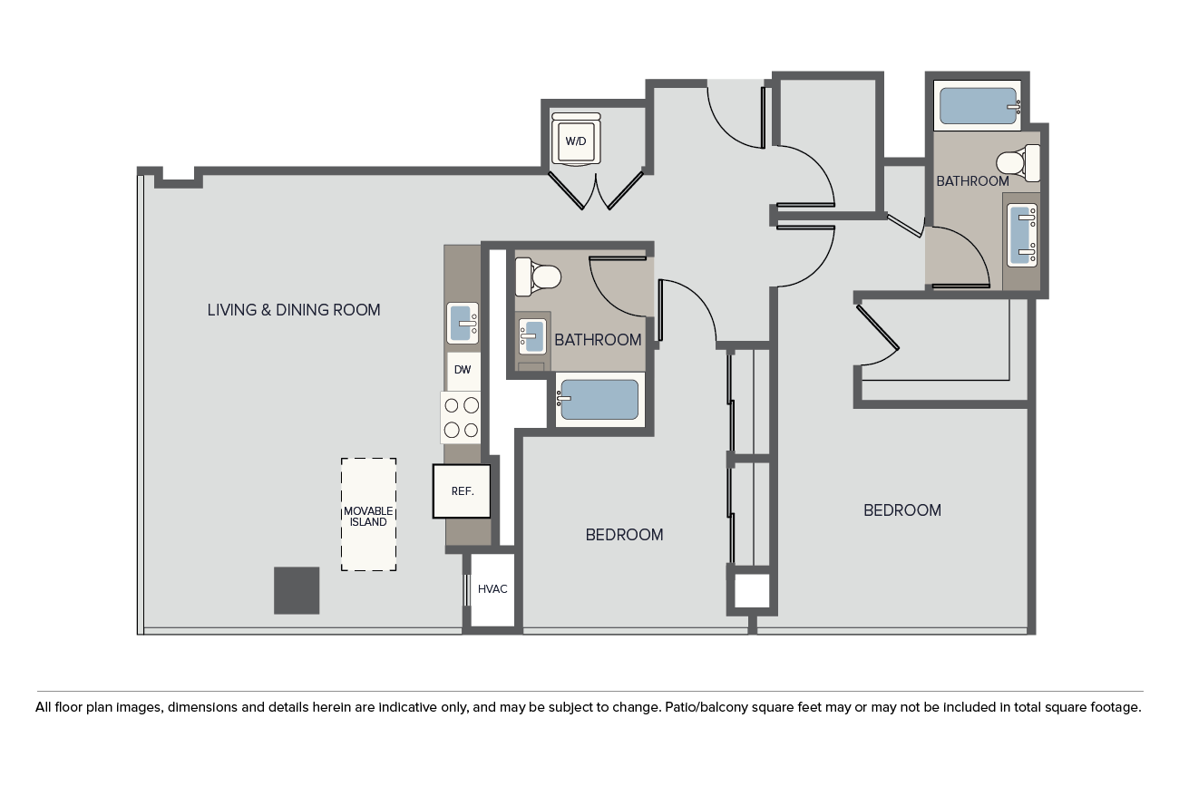 Floor plan for 2 beds, 2 baths, 1233 sqft